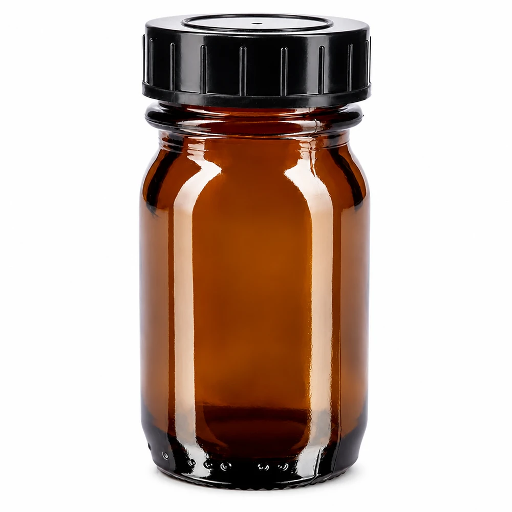 Botella de cuello ancho de 30 ml de vidrio ámbar con tapón de rosca negro para un almacenamiento seguro