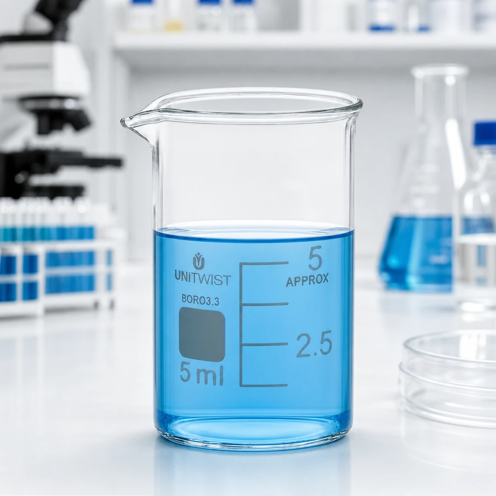 Vaso de precipitados UNiTWIST de 5 ml, de borosilicato, de perfil bajo, con líquido azul en el laboratorio