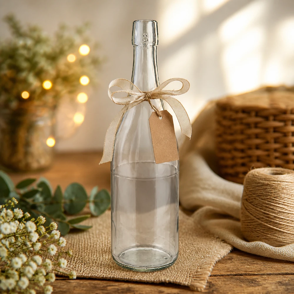Botella de cristal de 750 ml sin tapón giratorio UNiTWIST Botella de cristal UNiTWIST 750ml decorativa con lazo y etiqueta de regalo material rústico artesanal yute