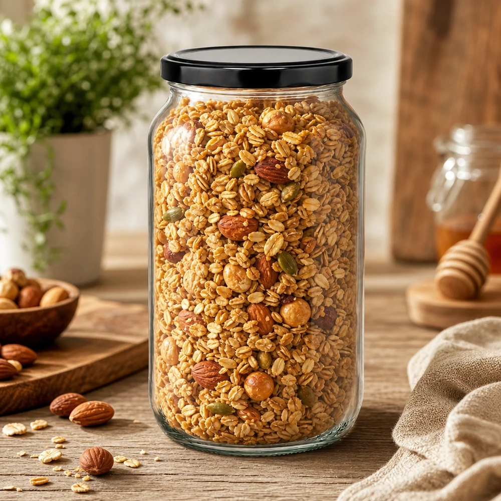 Tarro redondo de 1062 ml con muesli y frutos secos - tarro grande con tapa negra para alimentos secos