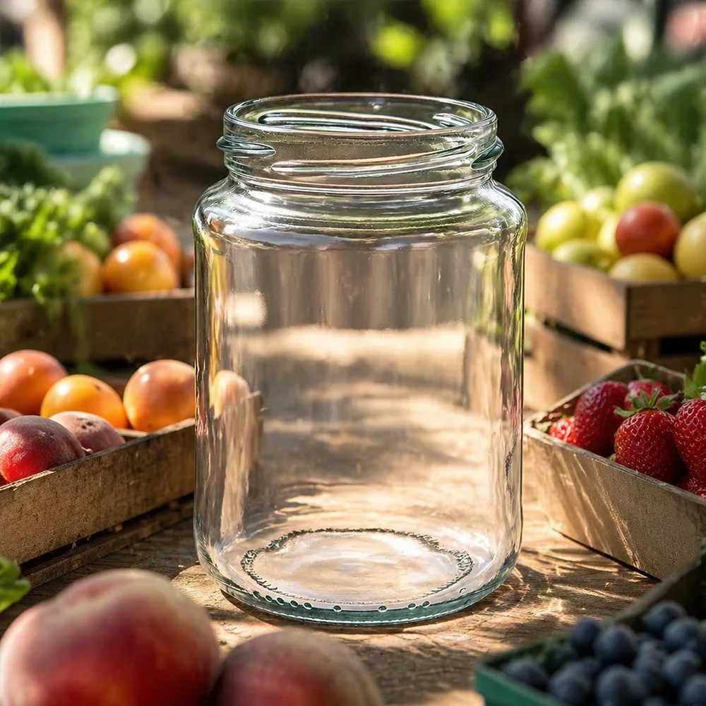 Tarro redondo vacío UNiTWIST Runda382 382ml Tarro de conserva TO66 sobre una mesa de madera con frutas y verduras frescas al fondo.