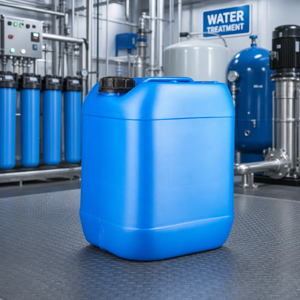 Bidón 20 litros azul con tapón de rosca cierre inviolable Bidón azul de 20 litros con tapón OV en una planta de tratamiento de agua