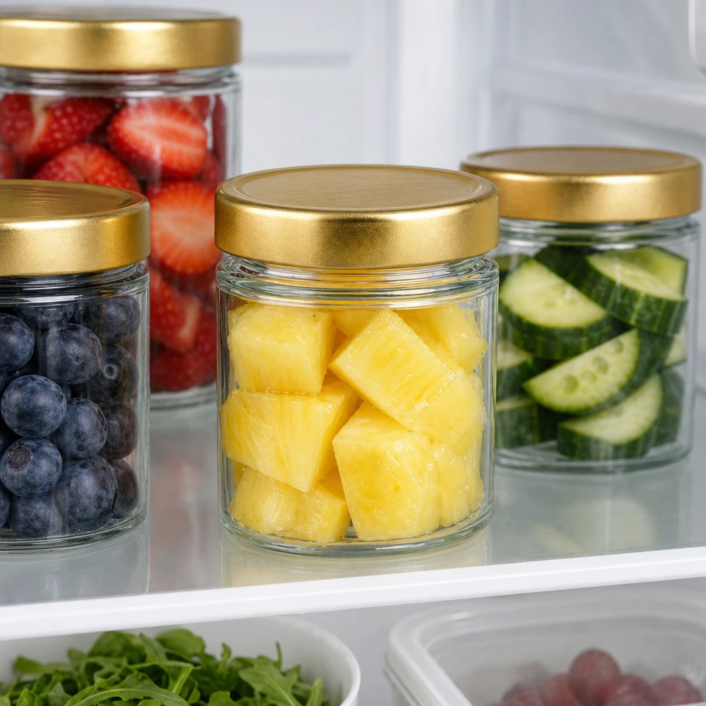 Tarro redondo de 154 ml con tapa BasicSeal dorada profunda UNiTWIST 154ml Rundglas BasicSeal gold im Kühlschrank mit Obst Ananas Beeren Gurken frische Lebensmittel Meal Prep Aufbewahrung