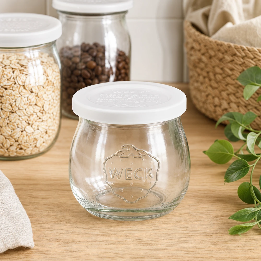 WECK tarro tulipán 75ml RR40 vacío en la cocina con tarros de almacenamiento de granos de café de avena y decoración cesta de mimbre