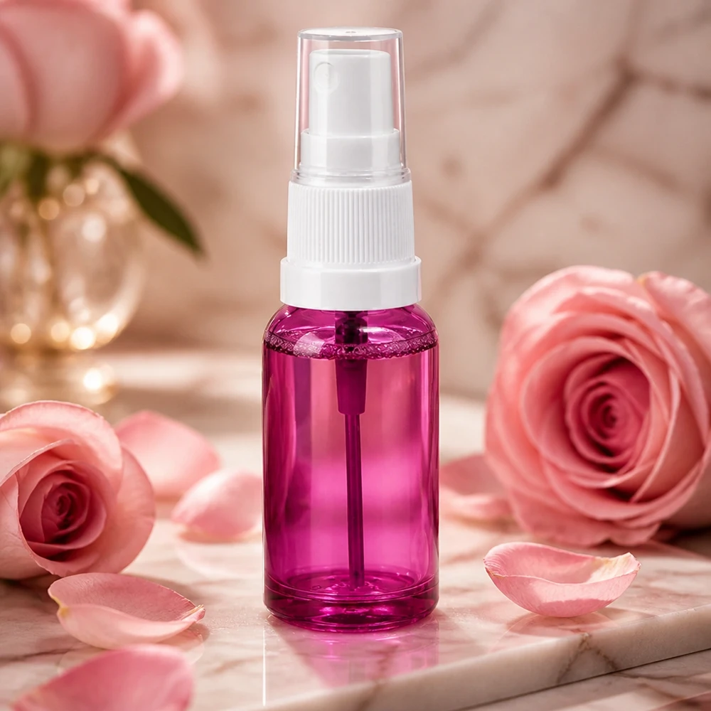 Frasco pulverizador pequeño de 20 ml en color morado con atomizador blanco para llevar y viajar