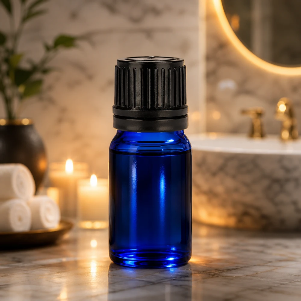 Frasco de 5 ml con tapón de rosca de 11 mm negro con precinto de seguridad BlueLine UT18/5 Botella BlueLine de 5 ml con protección UV gracias al vidrio azul y al tapón negro de seguridad