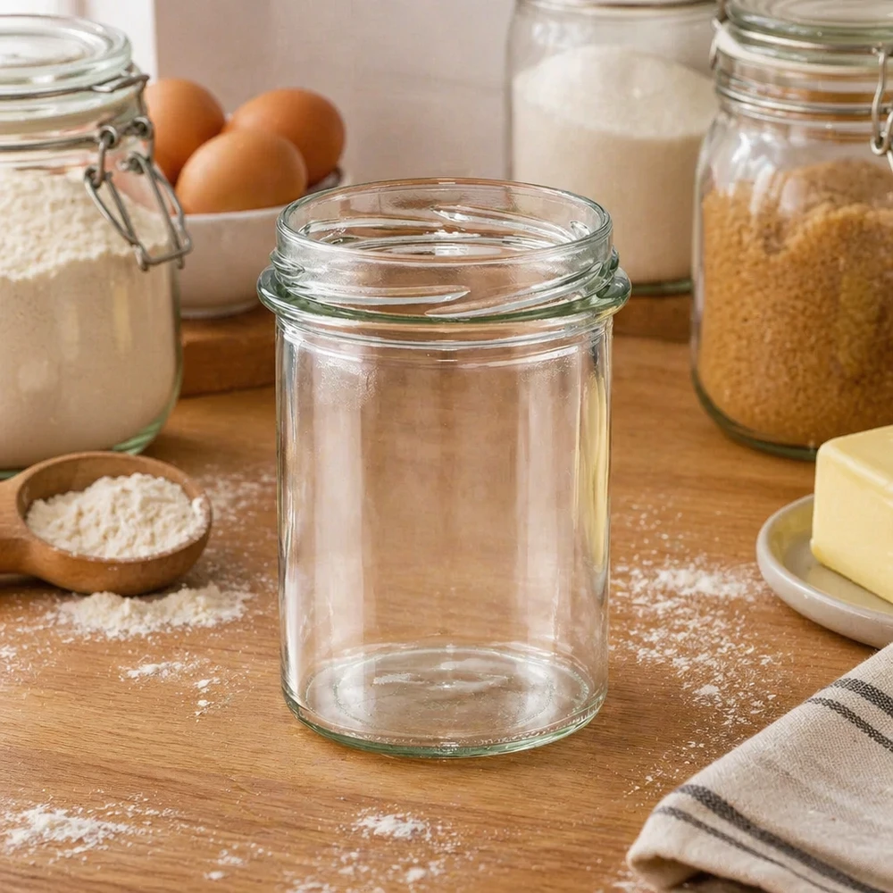 UNiTWIST Sturz230 vasos 230ml TO66 vacío sobre mesa de madera entre ingredientes de panadería harina huevos y tarros de conserva
