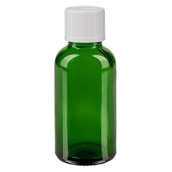 Botella de farmacia verde 30ml tapón de rosca blanco estándar a prueba de niños Botella de farmacia verde 30ml tapón de rosca blanco estándar a prueba de niños