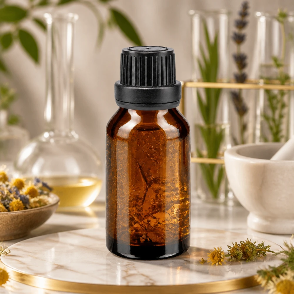 Botella de farmacia marrón 15ml tapón cuentagotas anillo vertedor 2mm tapón inviolable negro Frasco de vidrio ámbar de 15 ml con tapón negro original sobre mármol, entre hierbas medicinales y material de laboratorio