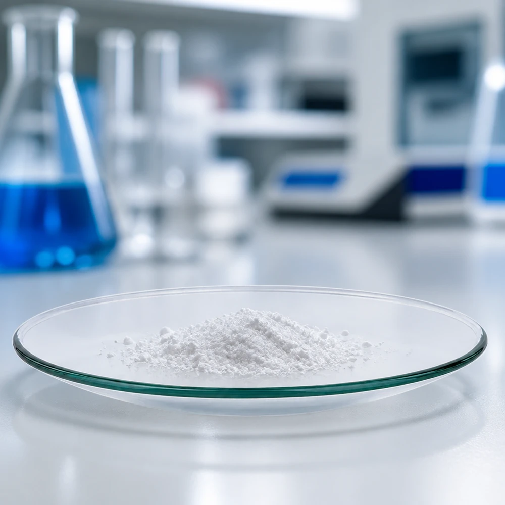 Ver plato de vidrio de 100 mm lleno de polvo blanco en un entorno de laboratorio estéril