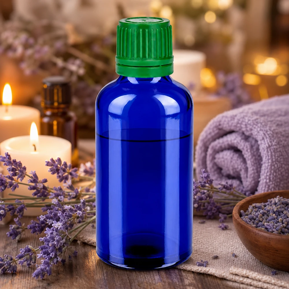 Botella 50ml tapón rosca 11mm verde cierre inviolable BlueLine UT18/50 Frasco de cristal de 50 ml de alta calidad en elegante azul con práctico tapón verde para aromaterapia