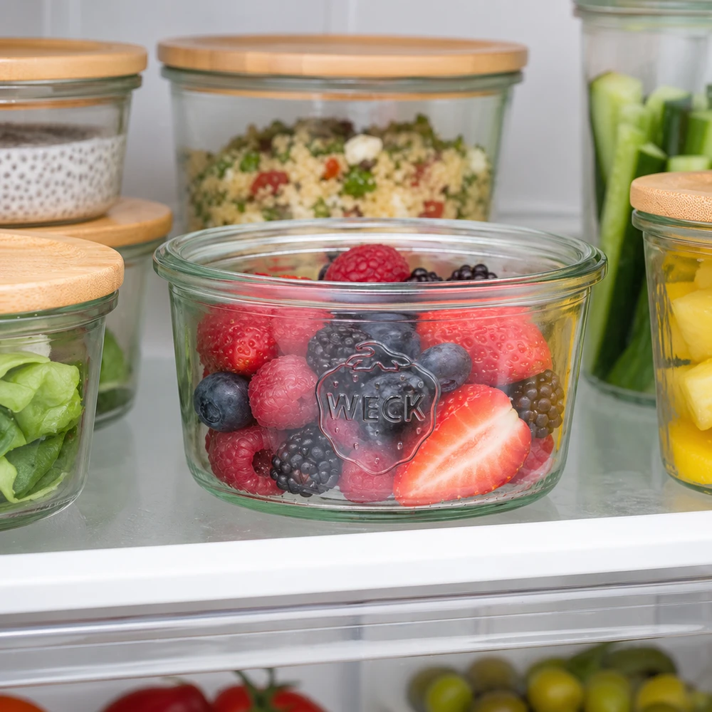 Tarro de cristal de 165 ml WECK RR80 WECK 165ml RR80 mason jar con bayas mixtas en la nevera, meal prep jar con tapa de madera
