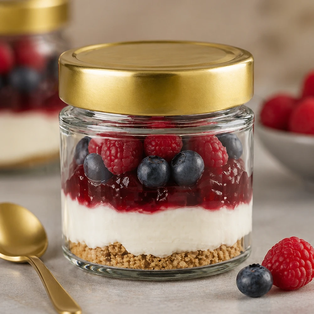 Tarro redondo de 154 ml con tapa BasicSeal dorada profunda UNiTWIST 154ml vaso redondo BasicSeal oro relleno de postre yogur bayas arándanos frambuesas crumble capas postre
