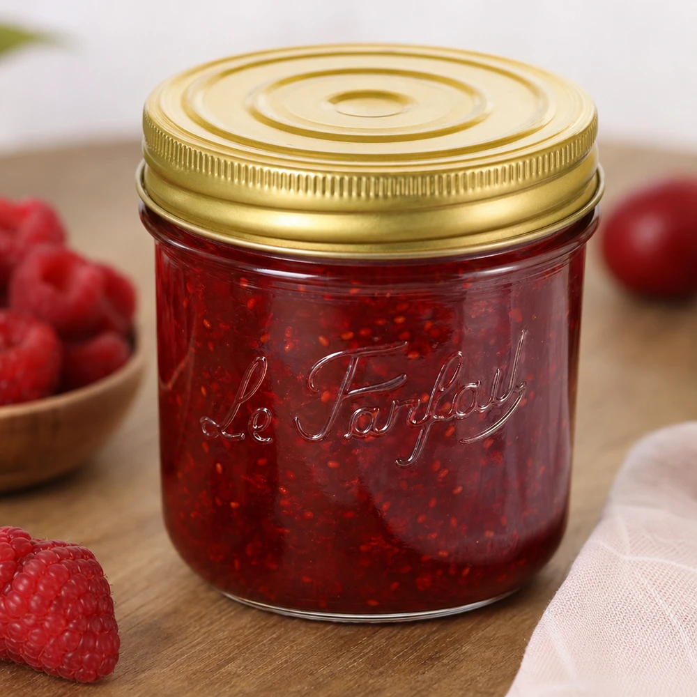 Le Parfait® Familia Wiss 350 g Ø100 mm tarro Tarro Familia Wiss de 415 ml con tapa dorada lleno de mermelada roja junto a fresas frescas sobre una mesa de madera