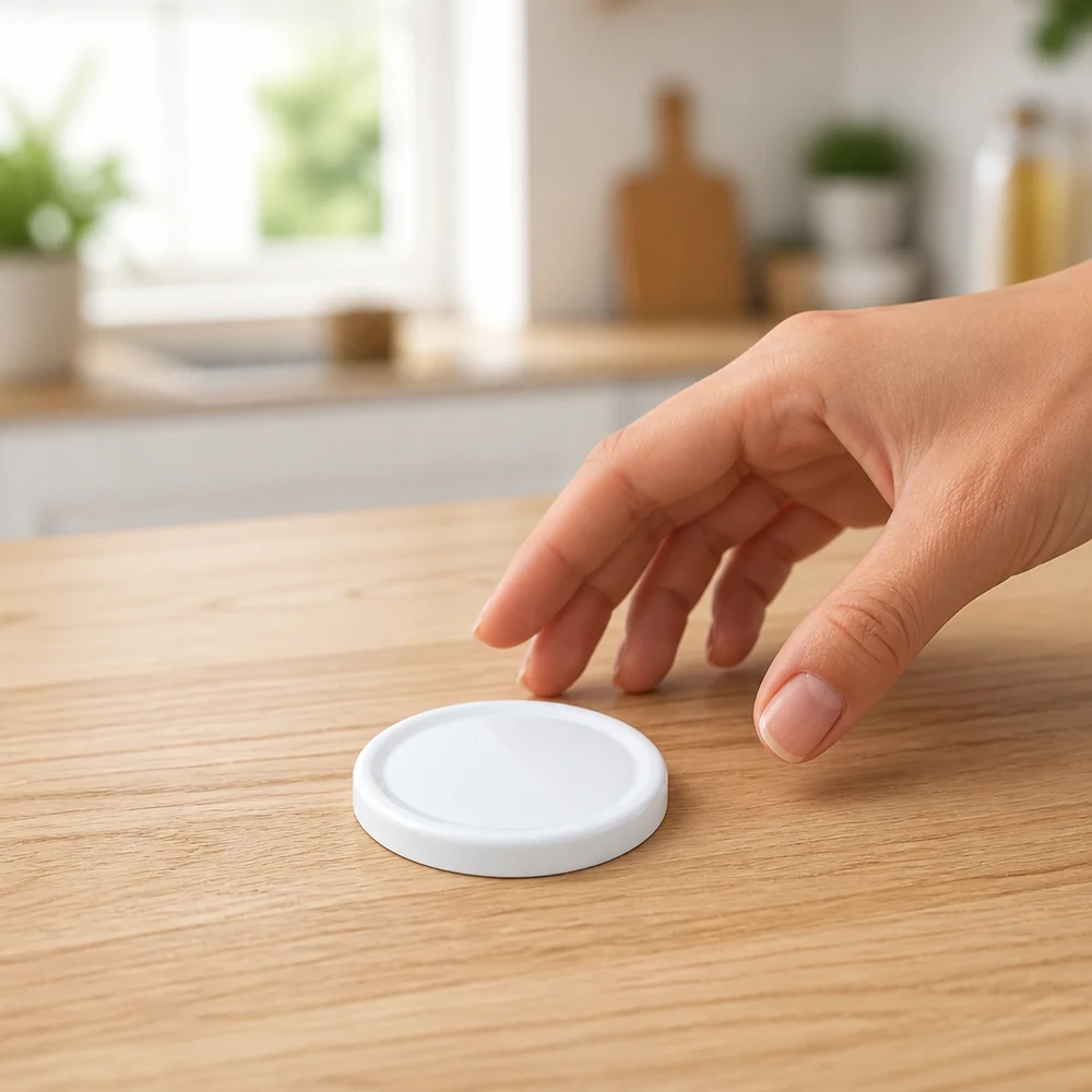 Tapa BasicSeal de 43 mm, blanca (TO43) UNiTWIST Tapa BasicSeal blanca de 43 mm, modelo TO43 UniTwist, sobre una mesa de madera en la cocina