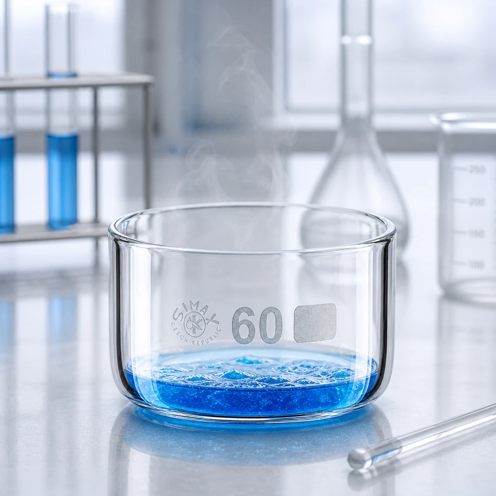 60ml cristalizador plato sin pico borosilicato ø60mm Bandeja de cristalización Simax de 60 ml con líquido azul y vapor ascendente en el laboratorio