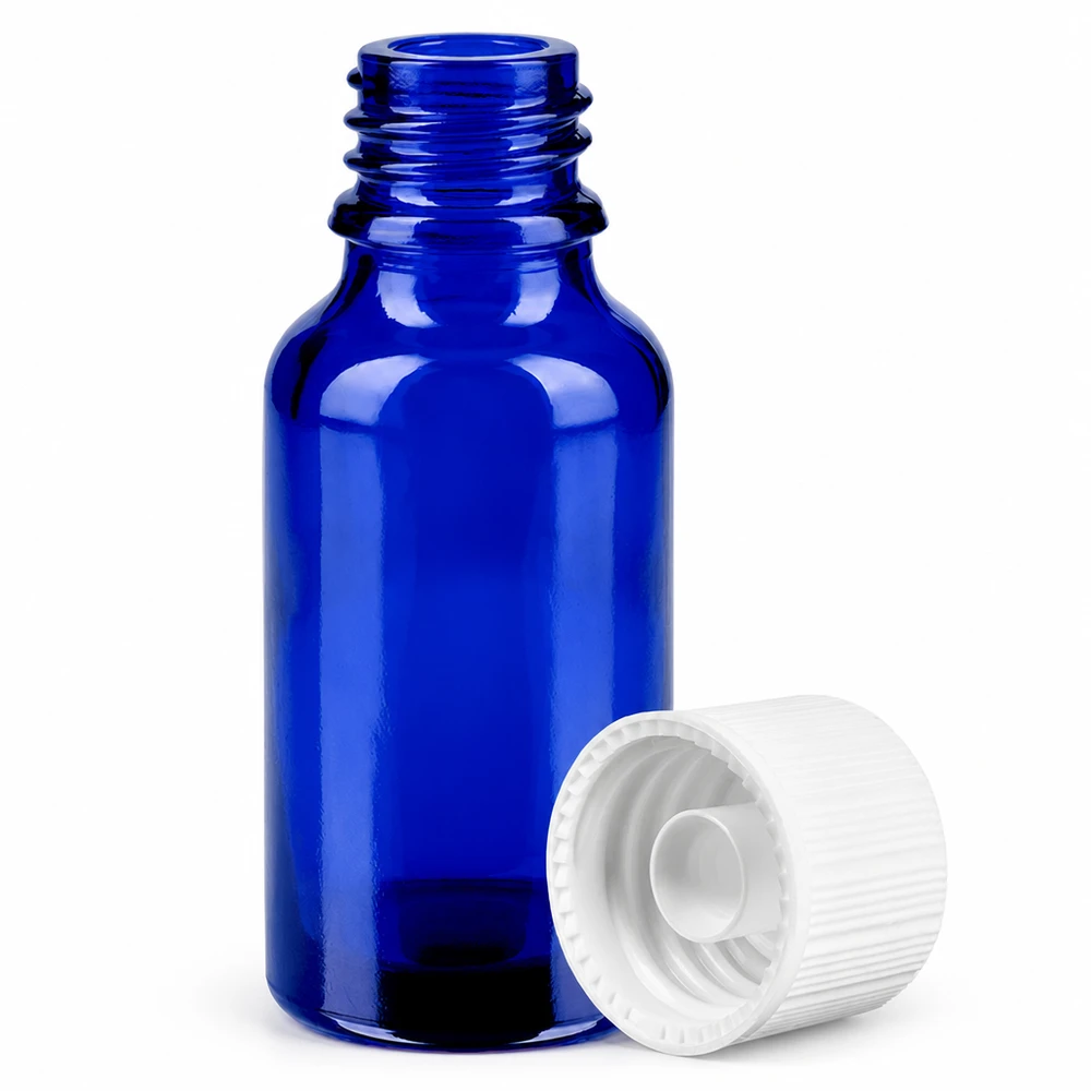 Frasco de farmacia azul de 20 ml con rosca y tapón blanco para gotas y tinturas