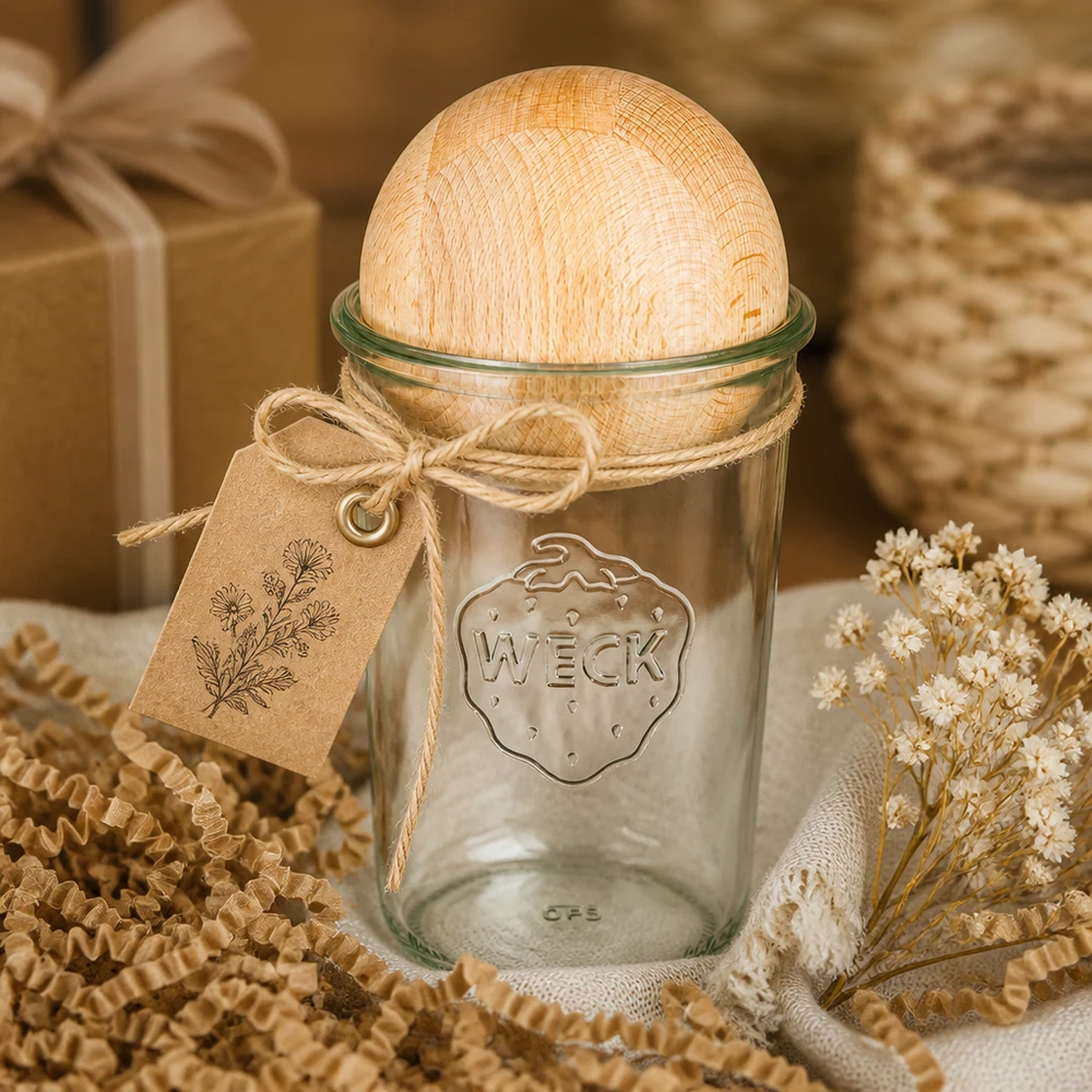 Vaso WECK RR100 850ml con bola de madera de haya como idea de regalo, decorado con papel craft y flores secas