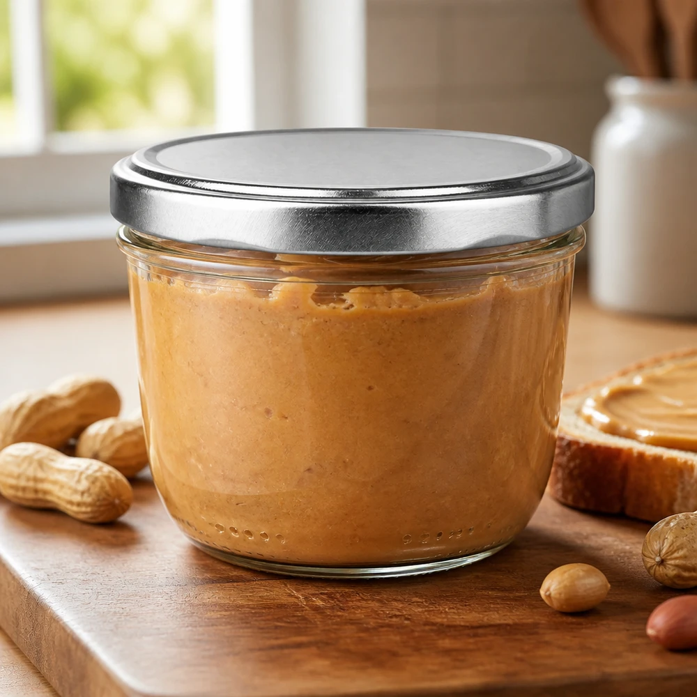 tarro de cristal de 230 ml con tapa BasicSeal plateada lleno de mantequilla de cacahuete rodeada de frutos secos sobre una tabla de madera