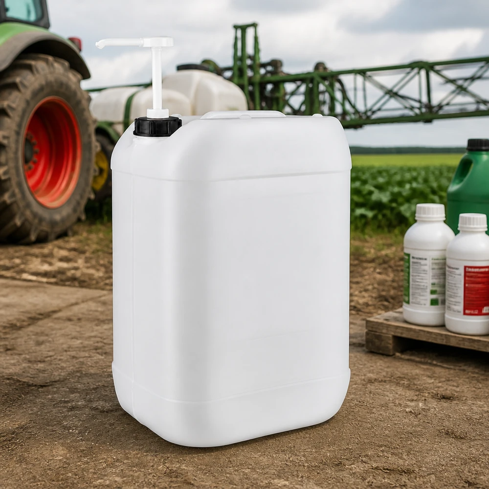 Bidón agrícola de 25 litros con bomba dosificadora, delante del tractor y el pulverizador agrícola en una granja