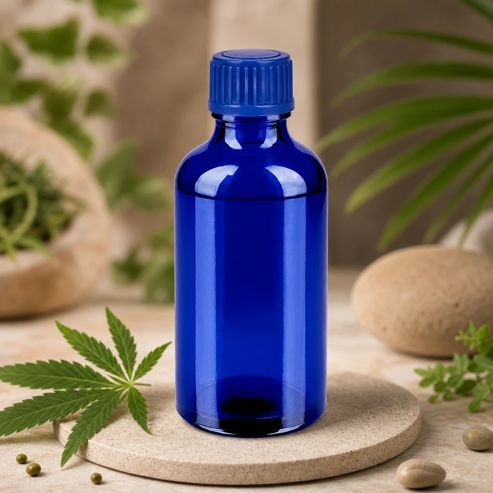 Frasco 50ml 11mm tapón rosca azul estándar BlueLine UT18/50 Botella de vidrio BlueLine UT18/50 de 50 ml con tapón de rosca estriado para un agarre y cierre óptimos