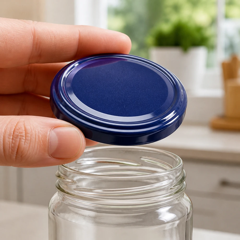 Primer plano de una tapa metálica azul colocada sobre un tarro de conserva vacío UNiTWIST TO82 82 mm