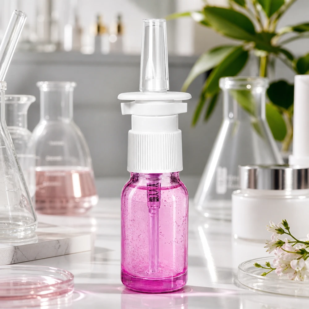 Pequeño pulverizador nasal de 10 ml en color púrpura transparente con práctico accesorio para pulverizar sobre la marcha