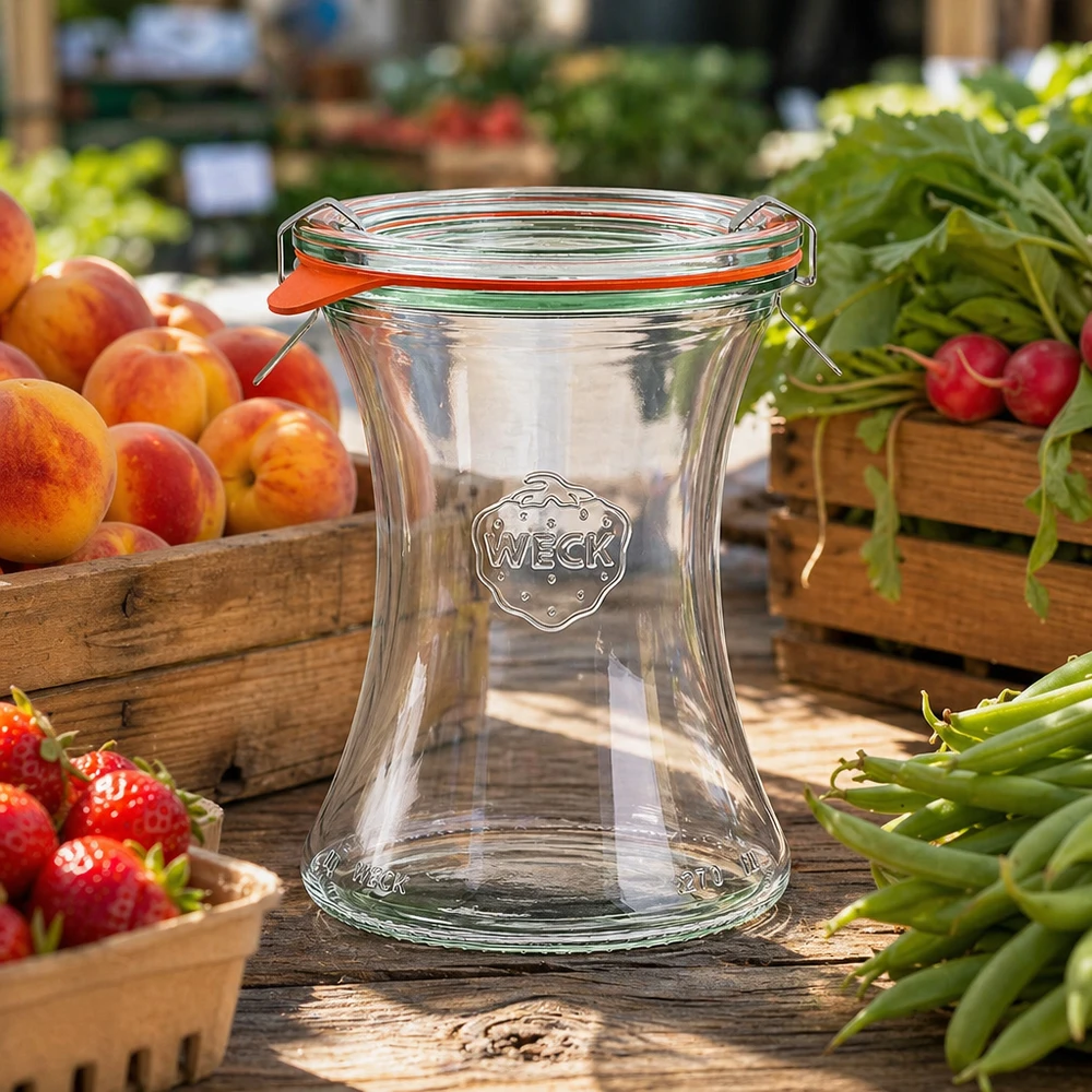 Tarro de cristal para delicatessen de 370 ml, completo, WECK RR80 WECK delicatessen tarro 370ml RR80 sobre mesa de madera con frutas frescas verduras ambiente de puesto de mercado presentación natural