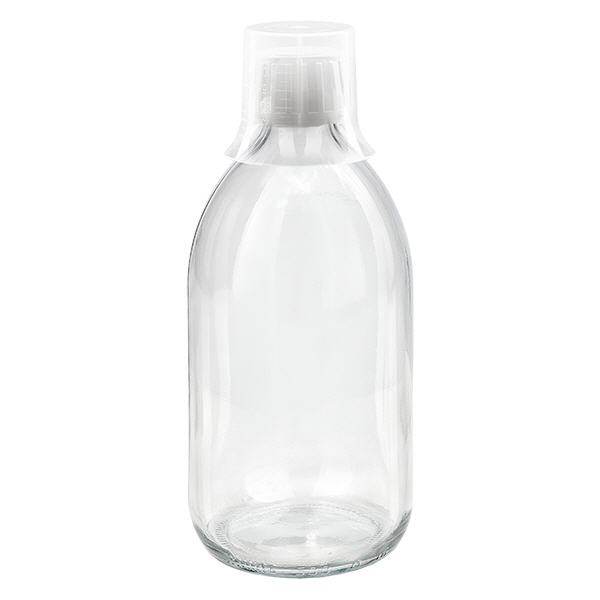 Frasco medicamento 500ml transparente, tapón inviolable con vaso dosificador 30ml ApoGlas Frasco medicamento 500ml transparente, tapón inviolable con vaso dosificador 30ml ApoGlas