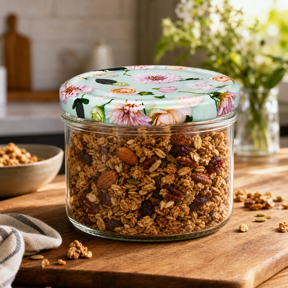Muesli en tarro cilíndrico de 230 ml con tapa BasicSeal flor de menta sobre tabla de madera - tarro de almacenaje para decoración de cocina