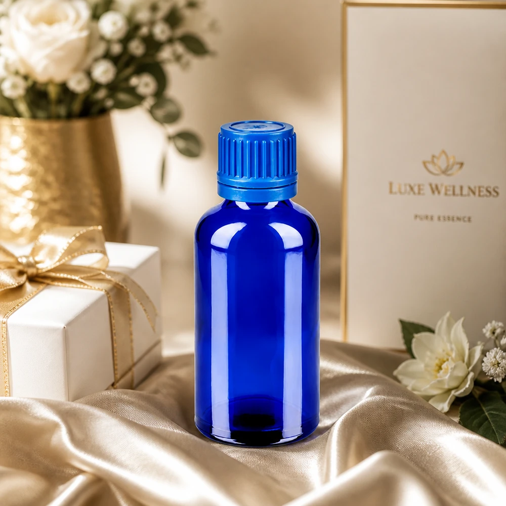 Frasco 50ml 11mm tapón rosca azul BlueLine UT18/50 Frasco de vidrio azul de 50 ml de alta calidad con tapón de rosca estriado para esencias cosméticas