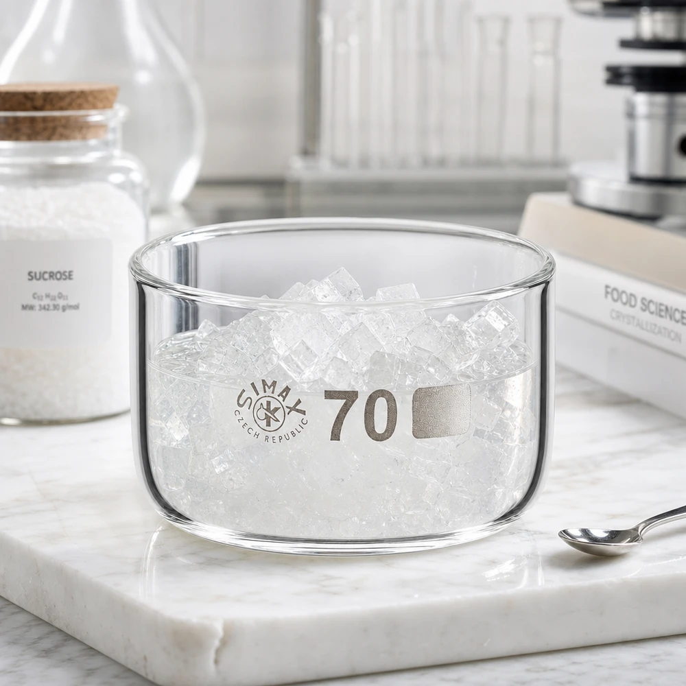 Cuenco cilíndrico plano de cristal de 70 mm de diámetro, lleno de cristales de azúcar, junto a un vaso de sacarosa