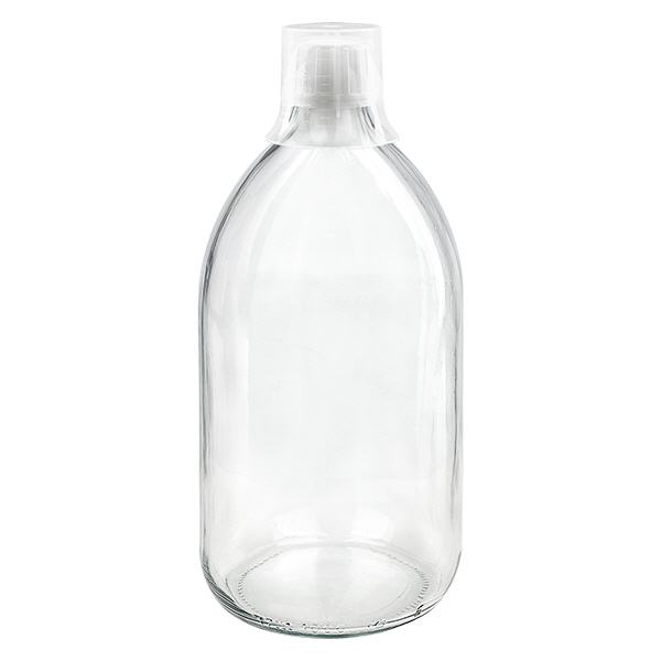 Frasco medicamento 1000ml transparente, tapón inviolable con vaso dosificador 30ml ApoGlas Frasco medicamento 1000ml transparente, tapón inviolable con vaso dosificador 30ml ApoGlas