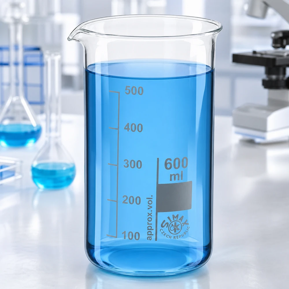 Vaso de precipitados transparente de 600 ml, de forma alta, con un líquido azul sobre una mesa de laboratorio blanca