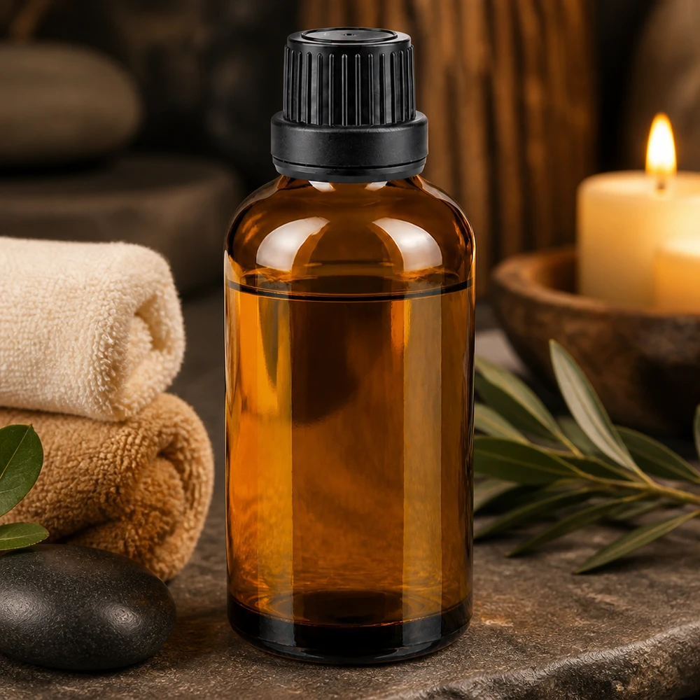 Botella de farmacia marrón 50ml tapón rosca negro cierre inviolable Frasco de farmacia marrón de 50 ml con tapón de seguridad negro sobre piedra natural, junto a accesorios de bienestar