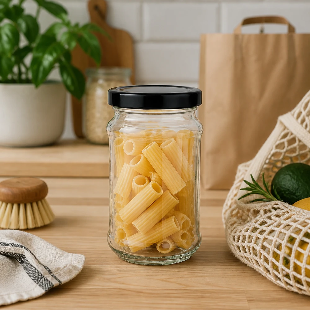 Tarro redondo de 390 ml con tapa BasicSeal negra deep UT Tarro redondo de 390 ml con tapa negra BasicSeal lleno de pasta sobre encimera de madera - ideal para almacenar pasta