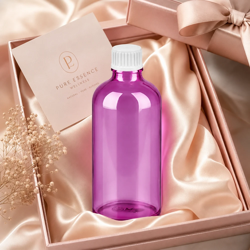 Frasco cuentagotas de 100ml 0,9mm blanco estándar PurpleLine UT18/100 Frasco cuentagotas transparente de 100 ml en elegante diseño morado con tapón cuentagotas profesional blanco