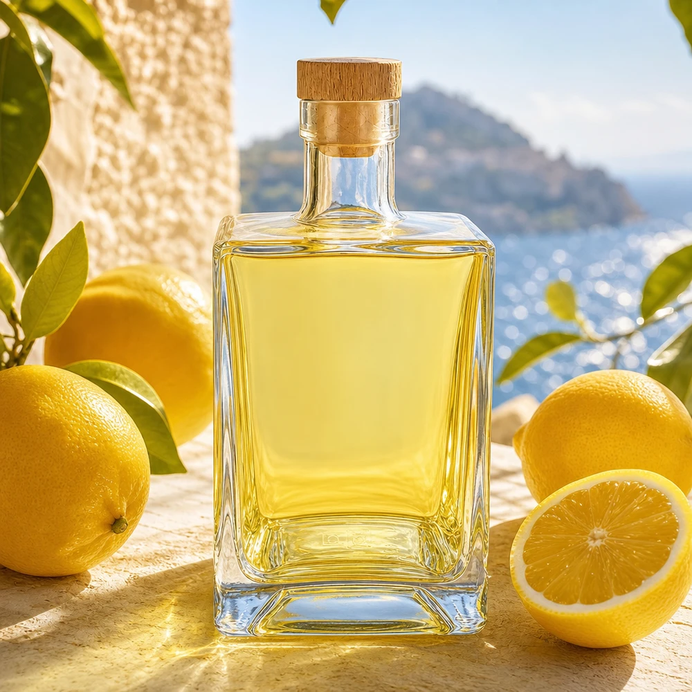 Botella de vidrio de 700 ml «Ben» con tapón de corcho con asa de madera UNiTWIST® Botella de cristal de 700 ml de Ben rellena de licor amarillo entre limones en un ambiente mediterráneo con tapón de corcho