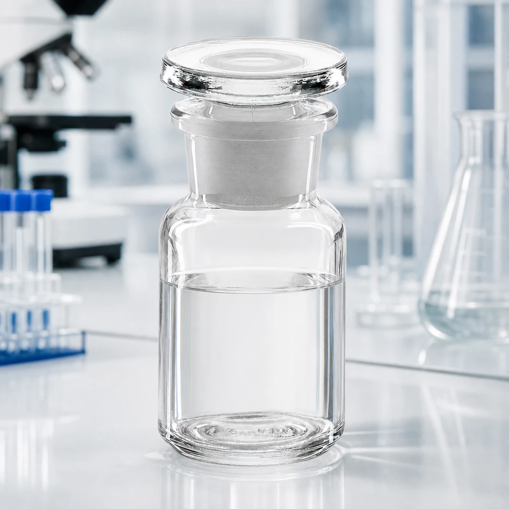 Botella de hombros redondeados de 50 ml, transparente, con cuello ancho y tapón de cristal, sobre una mesa de laboratorio blanca