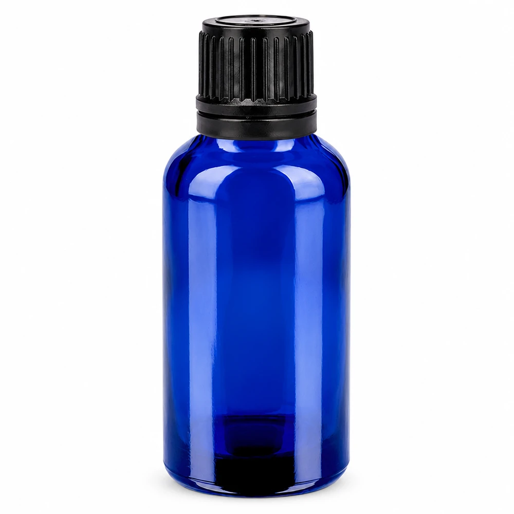 Frasco de vidrio azul de 30 ml con tapón negro para aceites esenciales y cosméticos