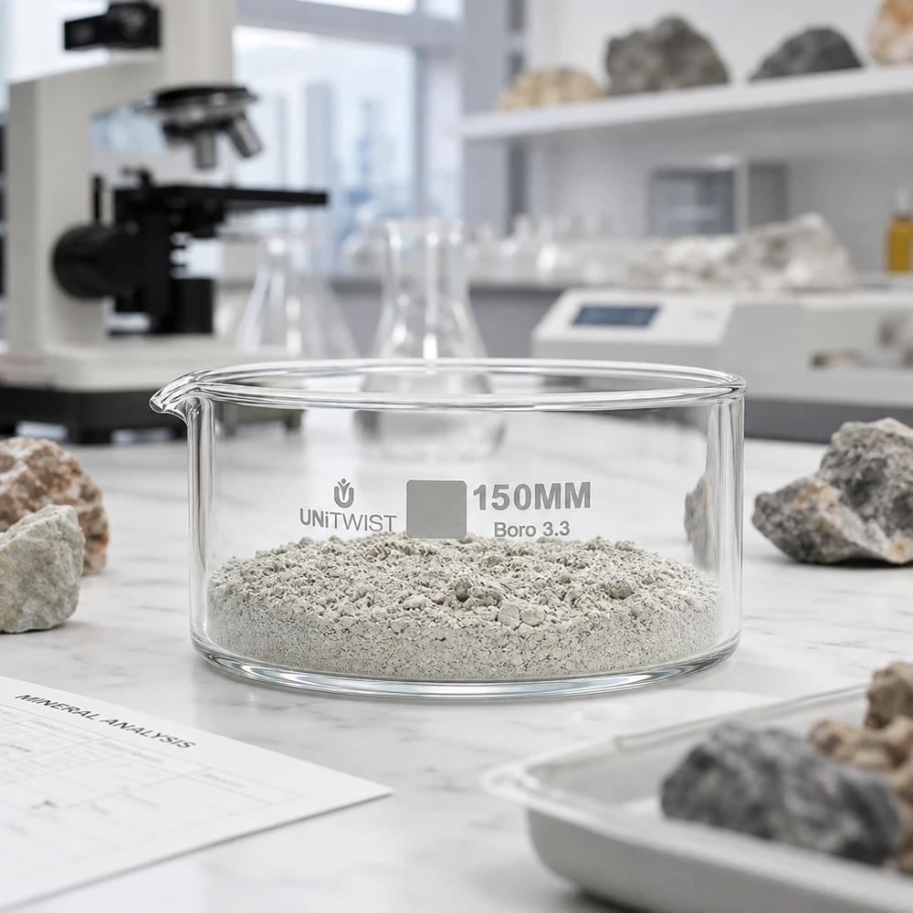 Cubeta de cristalización de 150 mm UNiTWIST Boro 3.3 con polvo mineral gris para el análisis de minerales en el laboratorio