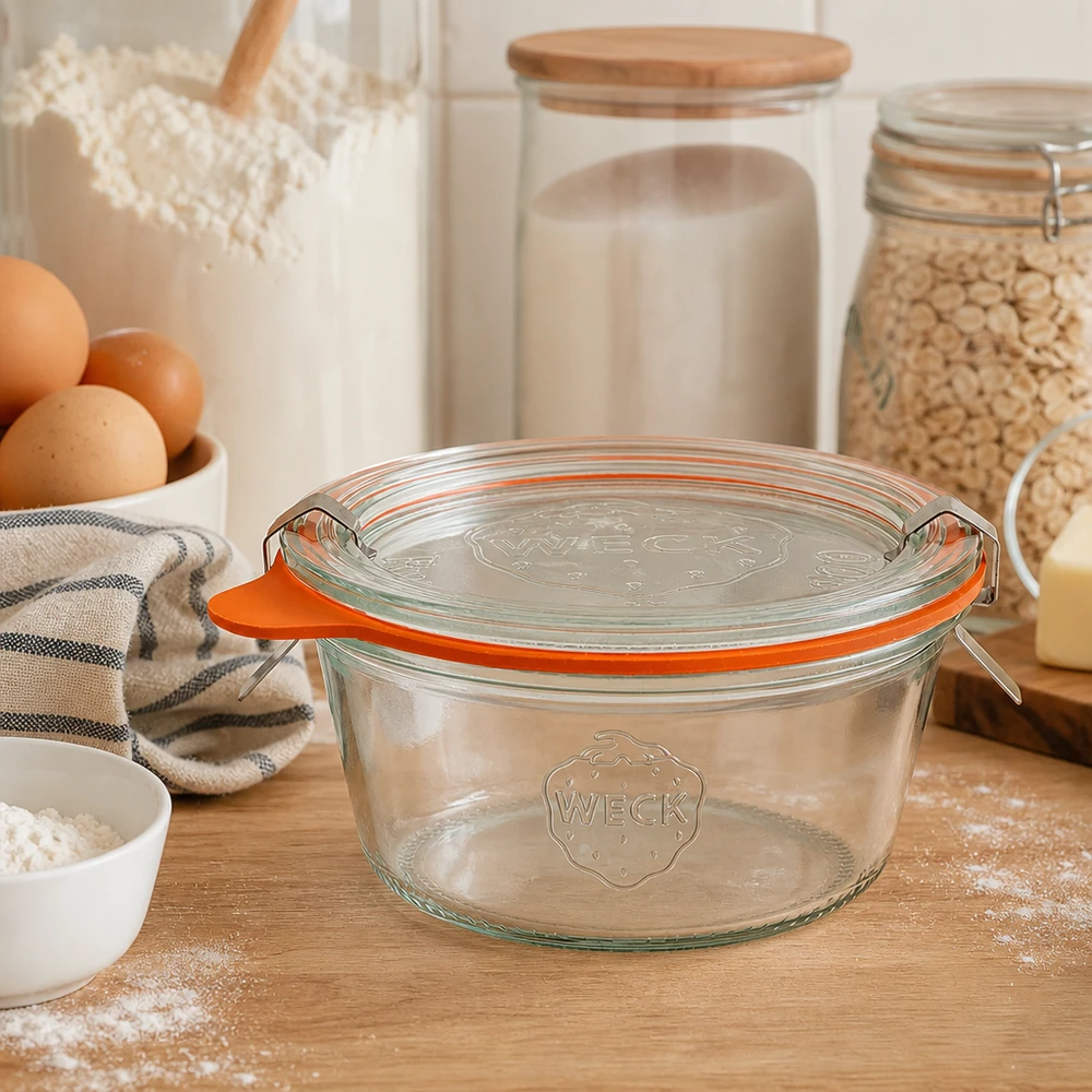 WECK Sturzglas 290ml RR100 in moderner Küche mit Backzutaten zeigt praktische Aufbewahrung und edles Design