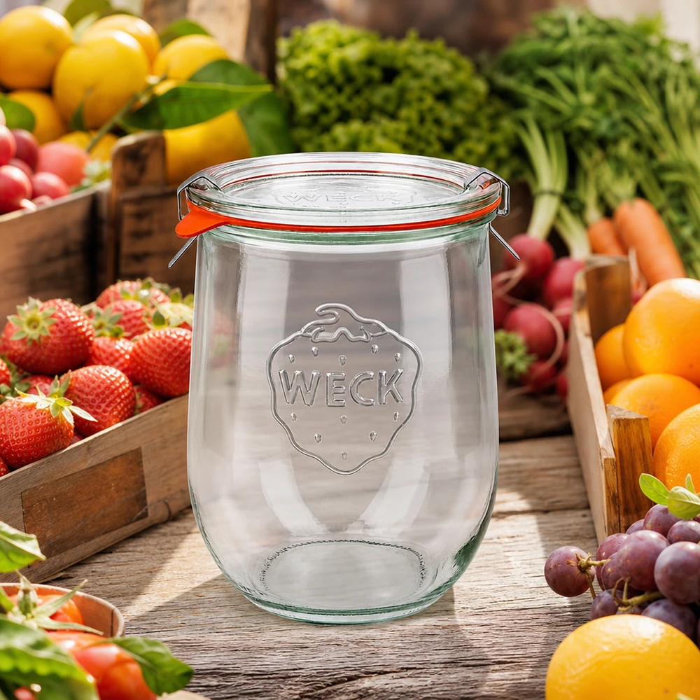 1062ml tarro tulipán completo WECK RR100 WECK tarro tulipán 1062ml RR100 con tapa oscilante rodeado de frutas y verduras frescas sobre una mesa de madera puesto de mercado