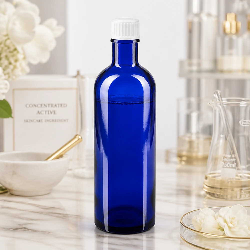 Botella de farmacia azul 200ml tapón rosca blanco estándar Frasco de farmacia azul cobalto de 200 ml con protección UV, fabricado en vidrio borosilicato y con tapón blanco