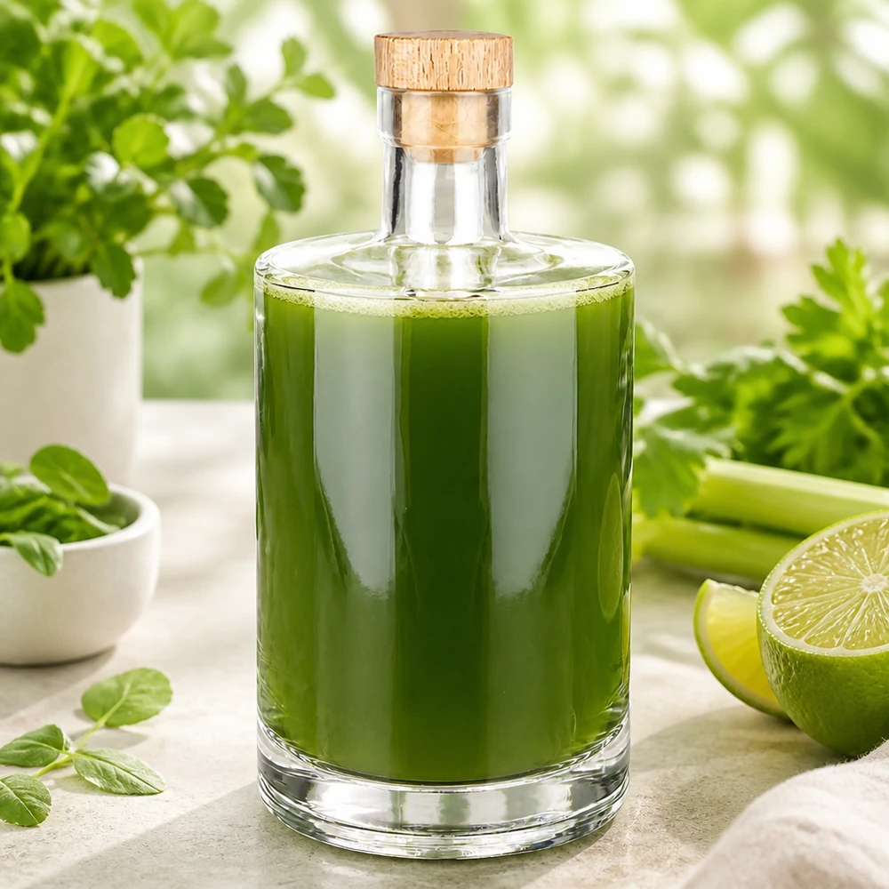 Botella de vidrio de 700 ml «Marie» con tapón de corcho con asa de madera UNiTWIST® 700ml Glasflasche Marie mit grünem Smoothie befüllt neben frischen Kräutern und Limetten in heller Küche