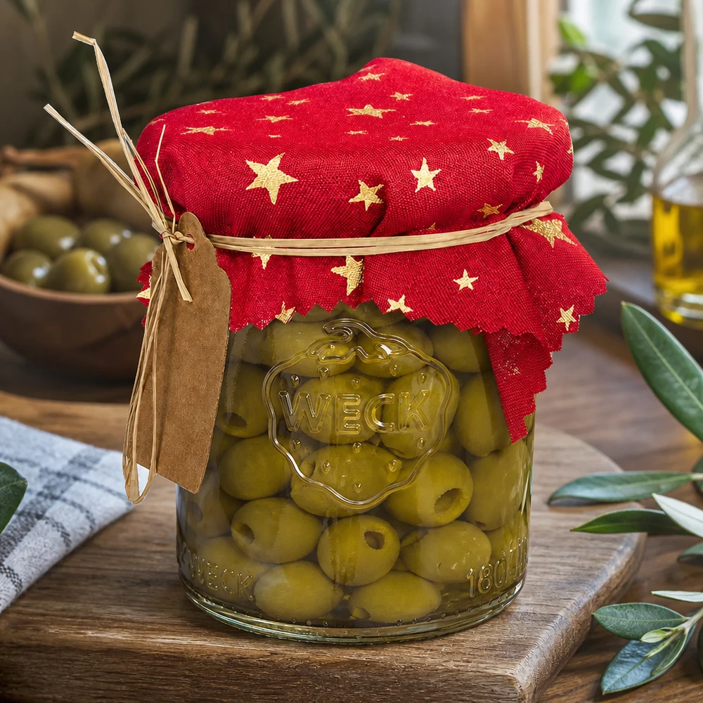 Alfombra de tela con motivo de estrellas rojas 12cm sobre tarro de aceitunas decoración de cocina mediterránea tarro de conserva con colgante