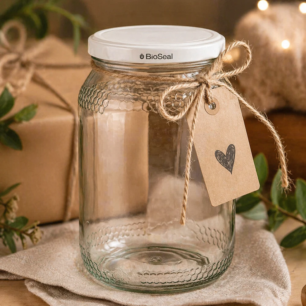 Tarro para miel de 1260 g con tapa blanca BioSeal UNiTWIST Tarro de miel de 900 ml con tapa BioSeal y cordón de yute como envase de regalo en tela de lino con etiqueta de papel kraft