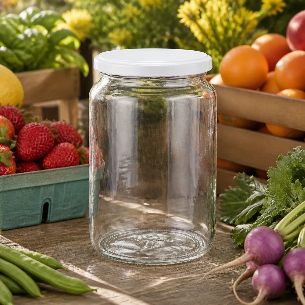 Tarro redondo 795ml con tapa BasicSeal blanco UNiTWIST Klares 795ml Rundglas mit weißem Deckel inmitten von frischem Obst und Gemüse - perfekt für Marmelade und Eingemachtes