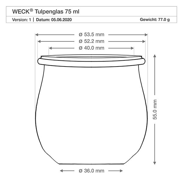 Dibujo técnico WECK tarro tulipán 75ml RR40 con dimensiones Diámetro Altura Peso Especificación del producto