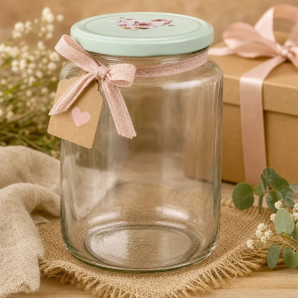 Tarro redondo de 795 ml + tapa BasicSeal corazón menta UNiTWIST Tarro redondo de 795 ml con tapa BasicSeal de menta en forma de corazón decorado con un lazo rosa y una etiqueta de regalo como idea de regalo